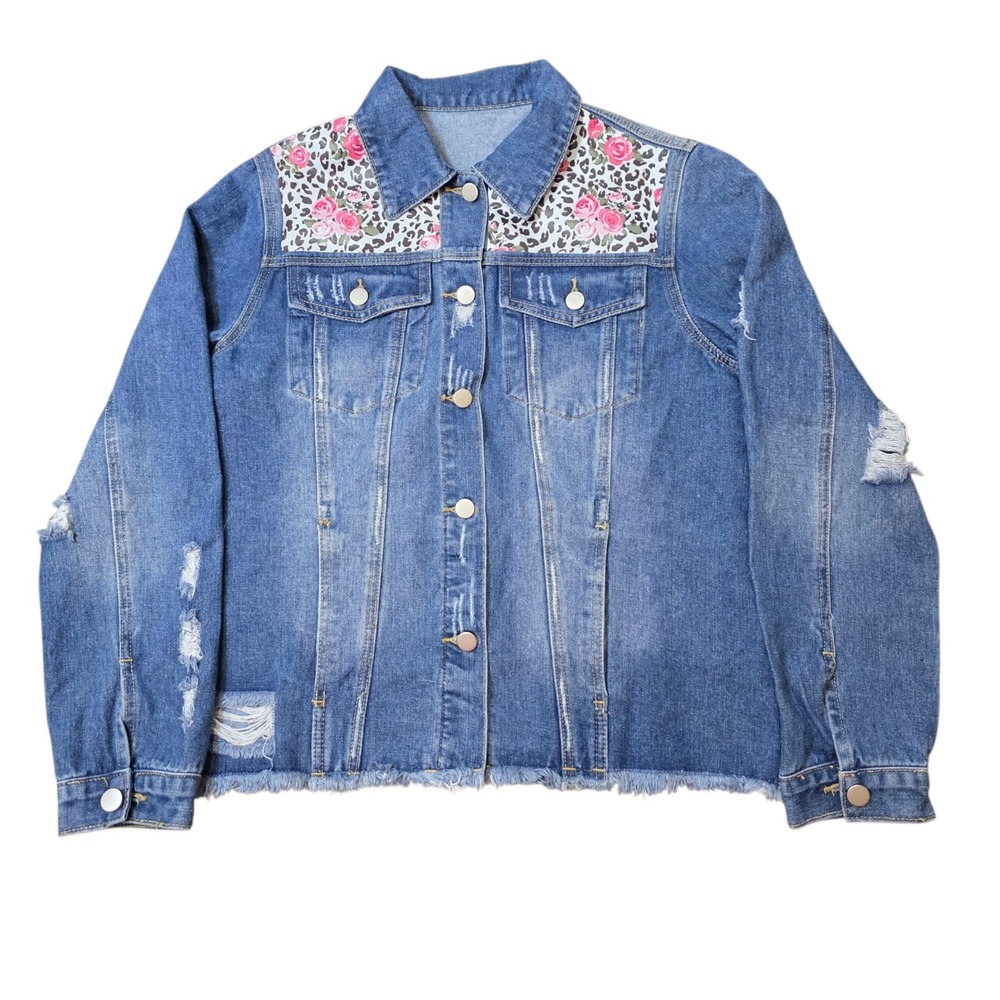 Distressed Denim Jacket Rose‎ Floral Leopard Print Jean Coat Y2K Women Size M